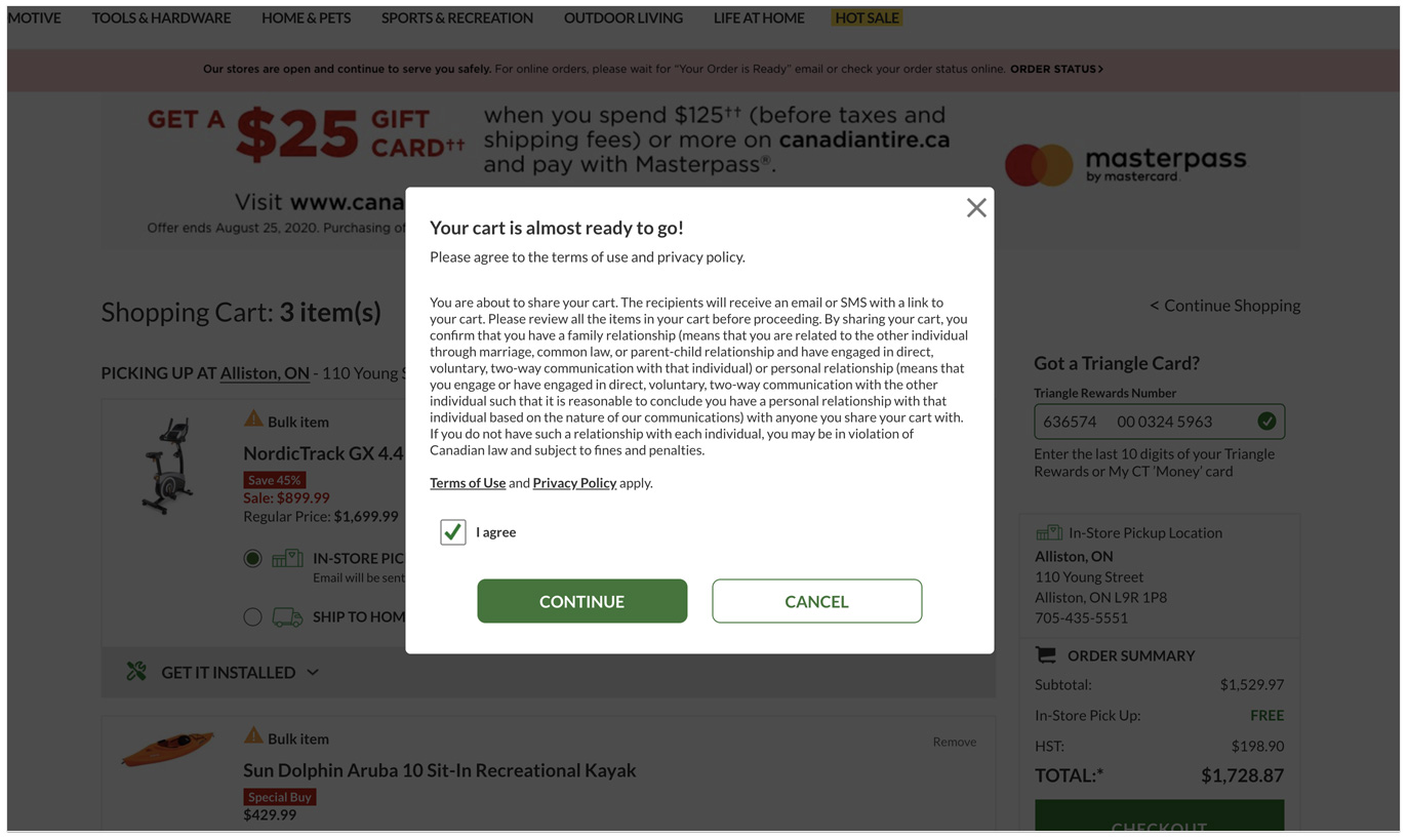 Shared Cart Modal Disclaimer